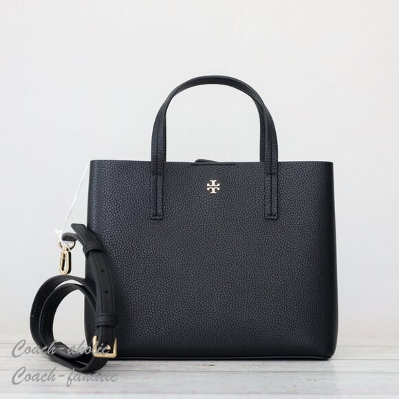 NWT Tory Burch Blake Pebbled Leather Small Tote Crossbody Purse Black/Devon Sand - Picture 1 of 10